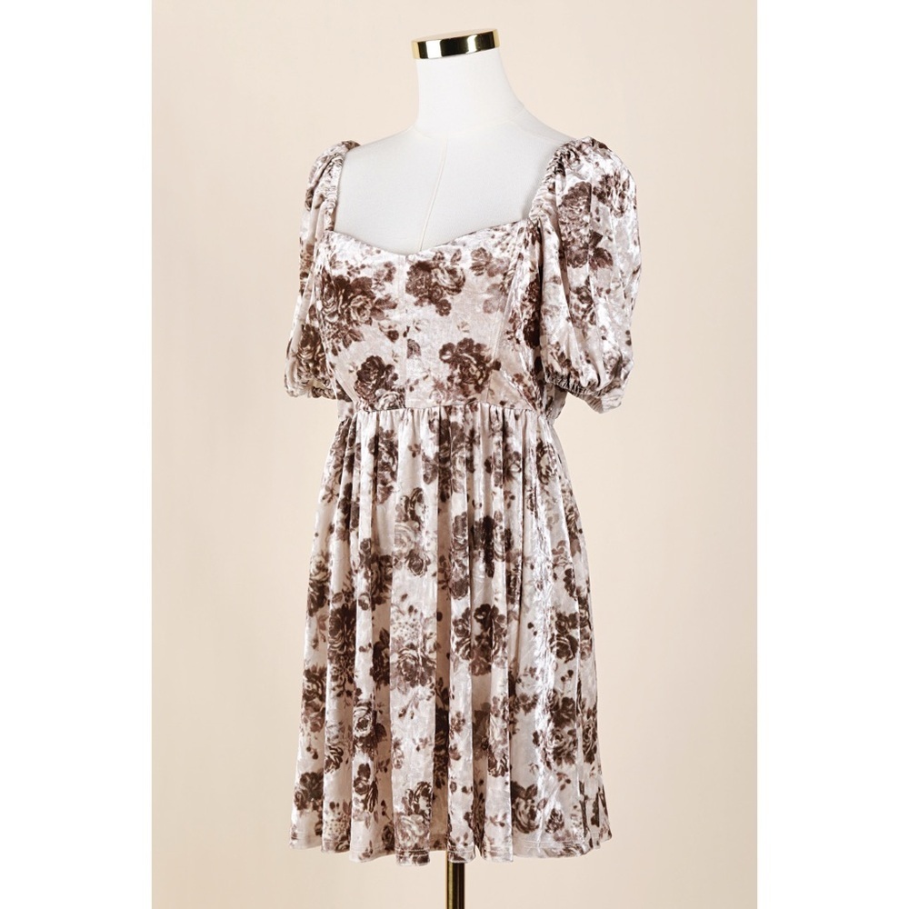Sz M Altar’d State Cream & Brown Velour Floral Puff Sleeve Mini Dress NWOT